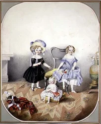 Portrait de trois filles aux yeux bleus en costume, c.1840