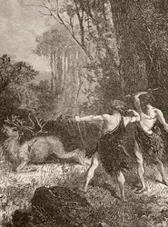 Homme préhistorique chassant avec arc et flèche et lance