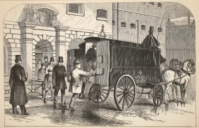 Fourgon pénitentiaire prenant des prisonniers à la maison de détention, illustration de The Criminal Prisons of London and Scenes from Prison Life par Henry Mayhew et John Binny, pub. 1862