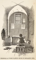 Prisonnier travaillant à la fabrication de chaussures dans une cellule séparée, illustration de The Criminal Prisons of London and Scenes from Prison Life par Henry Mayhew et John Binny, pub. 1862