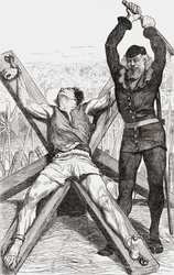 Prisonnier torturé sur la croix de saint André, vers 1865