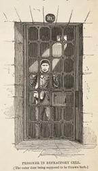 Prisonnier dans une cellule réfractaire (la porte extérieure étant supposée être ouverte), illustration de The Criminal Prisons of London and Scenes from Prison Life par Henry Mayhew et John Binny, pub. 1862