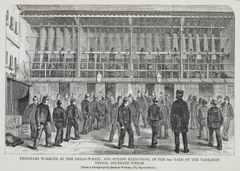 Prisonniers travaillant à la roue à aubes et autres exerçant dans la 3e cour de la prison des vagabonds, Coldbath Fields, extrait de The Criminal Prisons of London and Scenes of Prison Life par Henry Mayhew