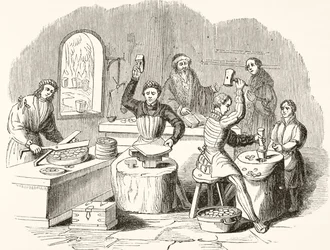 Processus de frappe de monnaie au 16ème siècle, tiré de The National and Domestic History of England par William Hickman Smith Aubrey, publié à Londres vers 1890