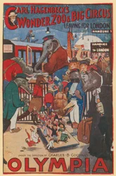 Affiche promotionnelle pour le Zoo Merveilleux et le Grand Cirque de Carl Hagenbeck à Olympia