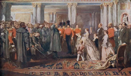 La reine Victoria recevant en audience des vétérans de la guerre de Crimée