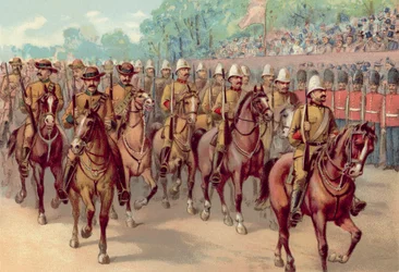 Jubilé de diamant de la reine Victoria 1897, les fusiliers du Cap et du Canada passant Constitution Hill