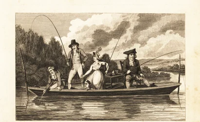 Gentlemen et dame de la Régence pêchant sur une barque sur la Tamise
