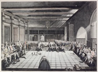 Représentation de la cérémonie de présentation des shérifs de Londres (gravure en couleur)