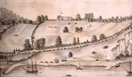 Paysage fluvial avec navires et le carrosse de Douvres, vers 1800