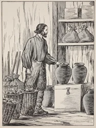 Robinson Crusoé dans son entrepôt, illustration de L