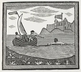 Robinson et Xury fuyant les Maures, illustration tirée de Chap-books of the Eighteenth Century de John Ashton, publié en 1882