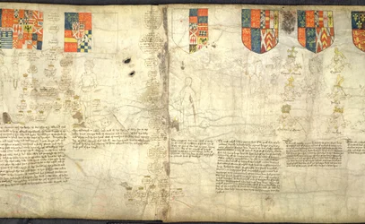 Rous Roll, f. 7cr: De gauche à droite: Edward, comte de Warwick (fils de George, duc de Clarence); Margaret (fille de George, duc de Clarence); Anne Neville (fille de Richard Neville et épouse de Richard III); Richard III