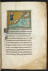 Un chasseur ou fermier avec des chiens, poursuivant des chèvres. Bestiaire (ff. 3-141), Lapidaire (ff. 141v-149) 2e quart du 13e siècle