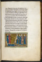 Royal 12 F.XIII, f.33 Chien identifiant un meurtrier, de Bestiaire (ff. 3-141), Lapidaire (ff. 141v-149), 2ème quart du 13ème siècle