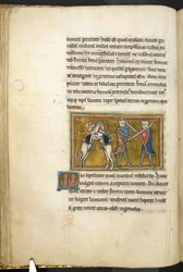 Deux chevaliers combattant à pied avec des épées, tandis que leurs chevaux se battent sur leurs pattes arrière, de Bestiaire (ff. 3-141), Lapidaire (ff. 141v-149), 2e quart du 13e siècle (vélin)