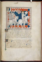 Le Cavalier sur le cheval blanc et ses disciples; Jean au-dessus, à gauche, de 