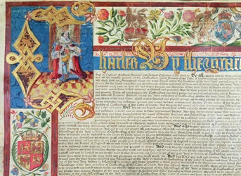 Charte royale pour la Compagnie des fabricants de draps sous le règne de Charles II (1630-85) (détail)
