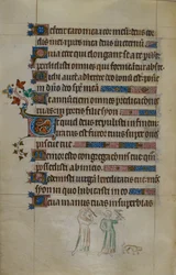 Scène en bas de page de deux femmes portant des faucons, et un petit chien devant elles, avec une initiale habitée, illustration du 