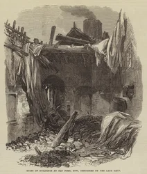 Ruines de bâtiments à Old Ford, Bow, détruits par la récente tempête (gravure)