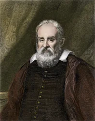 Sciences et scientifiques : Portrait de Galileo Galilei dit Galilee, astronome italien (1564-1642). Gravure en couleur.