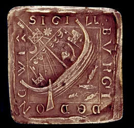 Sceau de la ville de Dunwich dans le Suffolk. Un navire est représenté sur une mer agitée, faisant probablement allusion aux tempêtes qui détruisirent une partie de la ville en 1286 et 1347. XIVe siècle. Paris, Archives nationales