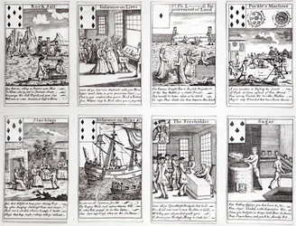 Jeu de cartes représentant des scènes satiriques des entreprises et investissements commerciaux actuels, vers 1720