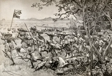 Sir Henry Morton Stanley et ses hommes sortant enfin de la forêt pour atteindre la prairie en 1887, lors de leur expédition de secours d