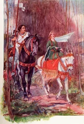 Sir Lancelot et la reine Guenièvre. Illustration en couleur du livre The Gateway to Tennyson publié en 1910.