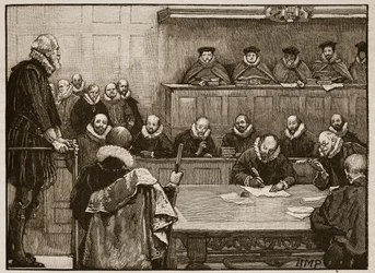 Sir Walter Raleigh devant les juges, illustration de Cassells Illustrated History of England