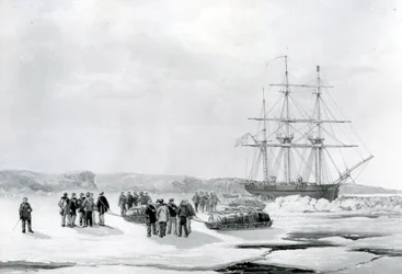 Expédition en traîneau quittant le HMS Investigator dans la baie de Mercy, sous le commandement du lieutenant Gurney Creswell (lithographie)