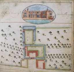 Vue du sud de Kentwell Hall, tirée du relevé du domaine de Richard Moore, Esq., Kentwell Hall, Suffolk, 1777