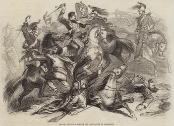 Dragons espagnols sabrant les insurgés à Barcelone (gravure)