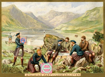 Partie de chasse, Loch Callater, carte promotionnelle pour les biscuits Huntley & Palmers, vers 1890