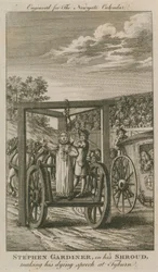 Stephen Gardiner dans son linceul prononçant son dernier discours à Tyburn (gravure)