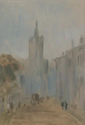 Rue avec église et figures précédemment attribué à J.M.W. Turner (1775-1851) et aussi attribué à Peter de Wint (1784-1849), 1822-25
