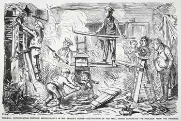 Tableau, représentant de nouvelles améliorations à la maison de M. Briggs - destruction du mur qui sépare le salon du couloir, illustration de Punch