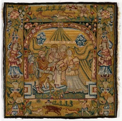Housse de coussin en tapisserie représentant Suzanne devant le Juge, fabriquée à Sheldon, Angleterre, après 1600