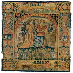Coussin de tapisserie représentant Suzanne en route pour le bain, fabriqué à Sheldon, Angleterre, après 1600