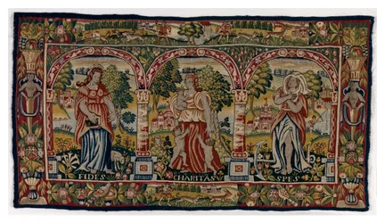 Long coussin de tapisserie représentant Foi, Espérance et Charité, fabriqué à Sheldon, Angleterre, fin du 16ème siècle