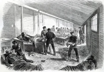 Hôpital de campagne temporaire derrière la deuxième parallèle prussienne à Dueppel, 1864