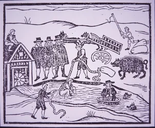 Test des sorcières en les jetant dans une rivière (gravure sur bois)