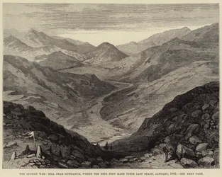 La guerre afghane, colline près de Gundamuk, où le 44e régiment a fait sa dernière résistance, janvier 1842 (gravure)