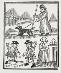 Le mendiant voyageant avec son chien, ramène une grande richesse à la maison, avec laquelle il surpasse le chevalier, et marie son enfant à son grand plaisir, illustration de Chap-books du XVIIIe siècle par John Ashton, pub. 1882