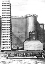 La tour de brique et le musculus au siège de Marseille, gravé par Cornelis Huyberts, illustration des Commentaires de César traduit en anglais par William Duncan, publié en 1753