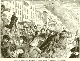 Les émeutes de Bute à Londres - Jack Boot pendu en effigie