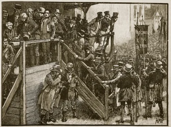 Le concours de Clare : le père Murphy menant ses locataires au scrutin (illustration de Cassells Illustrated History of England)
