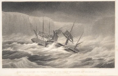 La collision, extrait de Voyage of Discovery and Research in the Southern and Antarctic Regions par le capitaine Sir James Clark Ross, pub. 1847 (gravure)