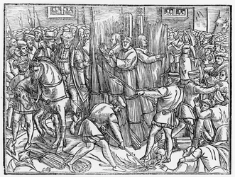 La mort et le bûcher des martyrs les plus constants du Christ, le docteur Robert Barns, Thomas Garret et William Hierome, à Smithfield en 1541, extrait de "Acts and Monuments" de John Foxe (1516-87).