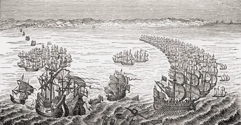 La flotte anglaise, commandée par Sir Francis Drake, attaquant l
